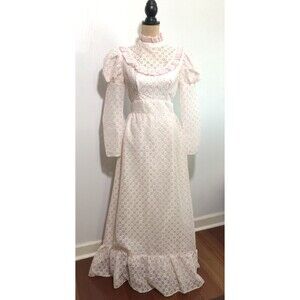 Montgomery Ward Prairie Dress Womens Small Pink White Lace Long Floral Ruffle 70